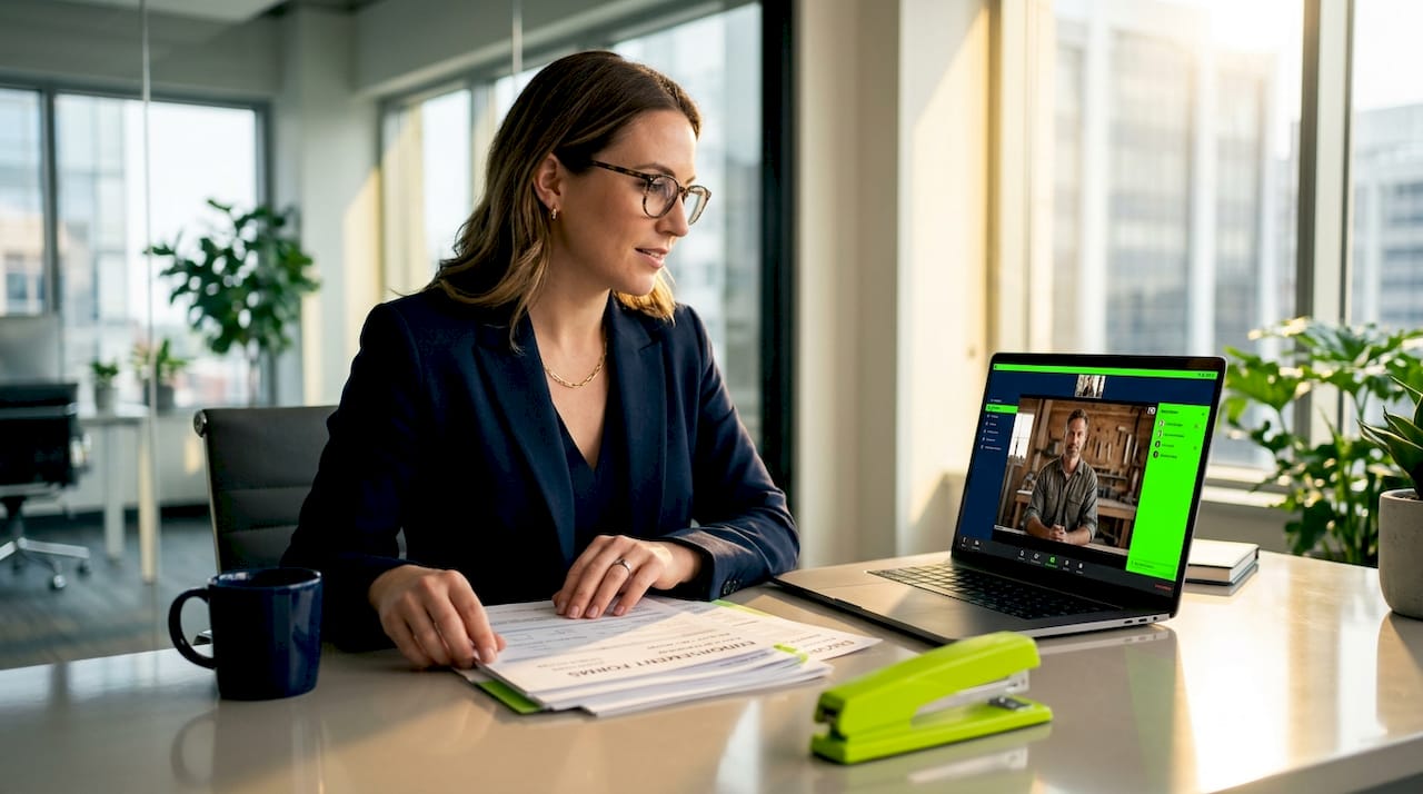 Insurance broker reviews contract documents via video call