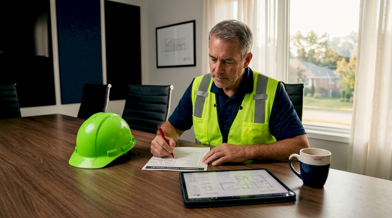 Contractor reviewing commercial project checklist
