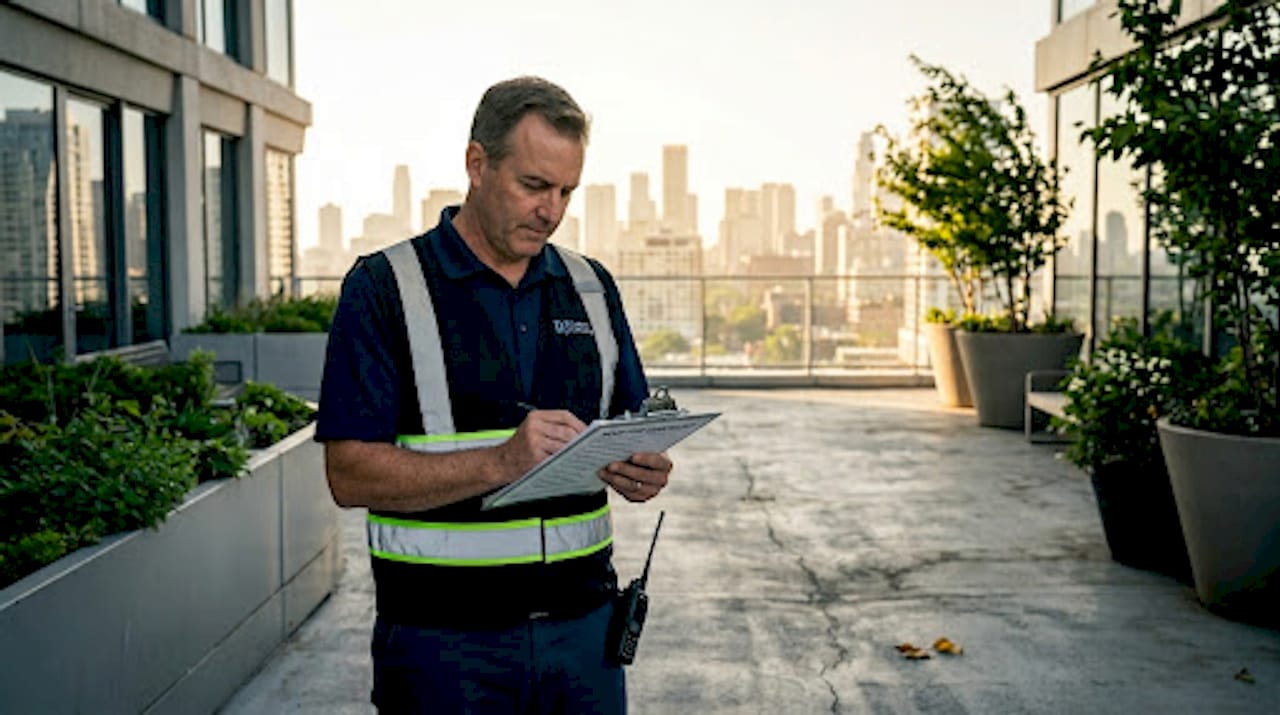 Property manager checking commercial building maintenance
