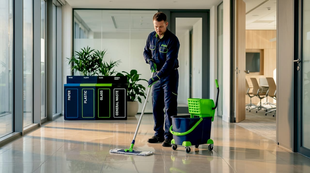 Janitorial staff cleaning office hallway in commercial building
