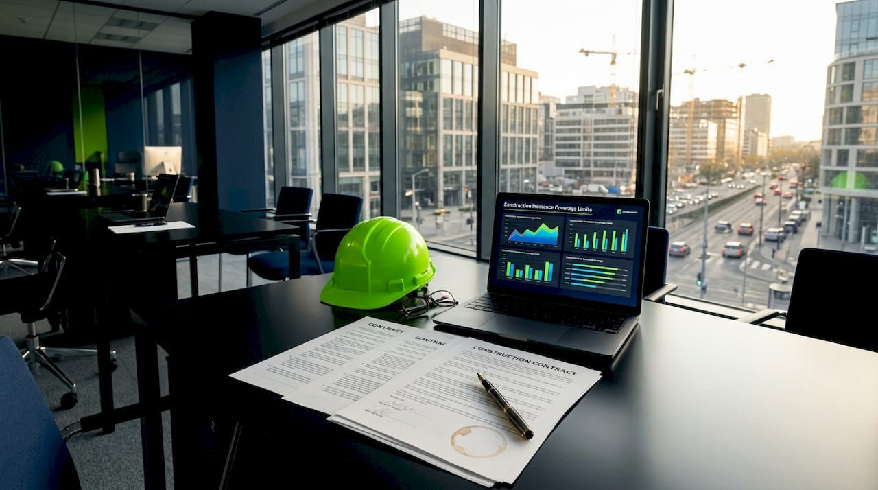 Construction insurance contracts and hard hat on desk