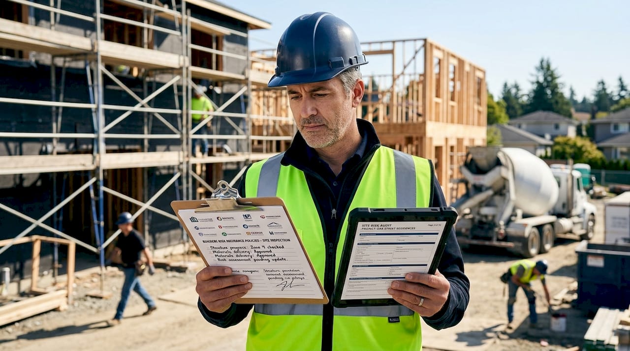 Construction insurance manager reviewing documents onsite