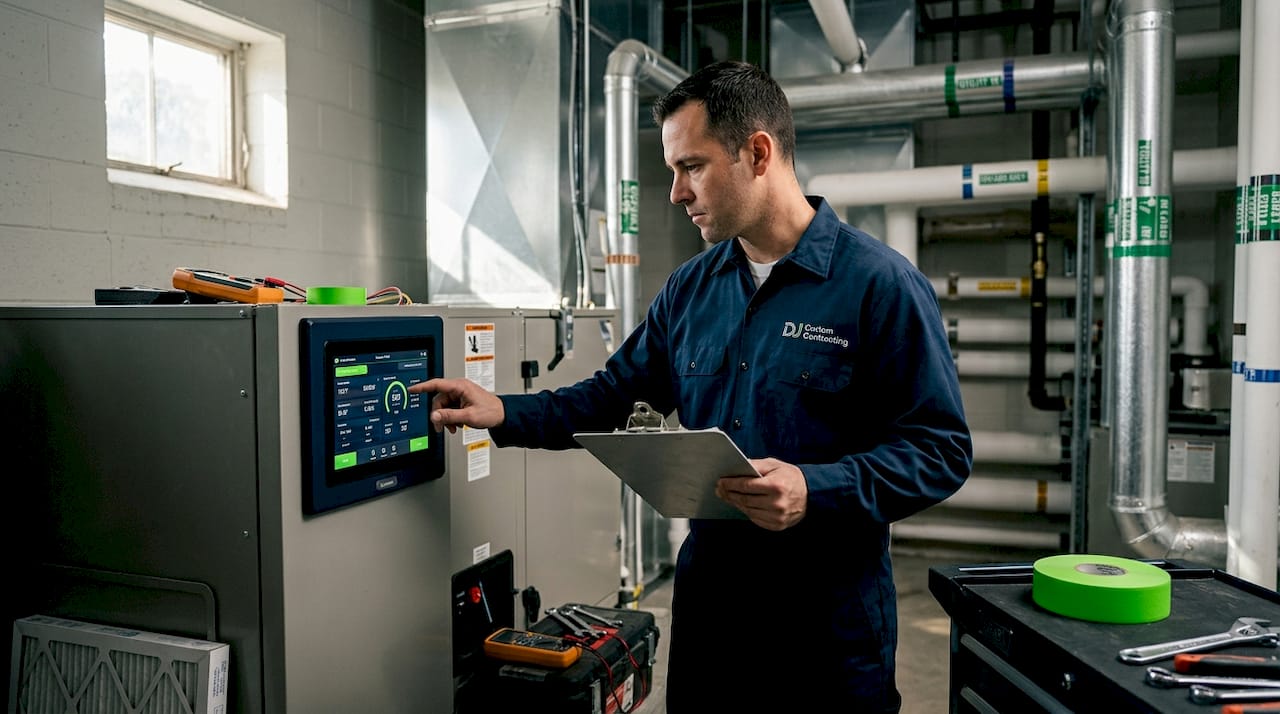 Technician inspecting commercial HVAC system