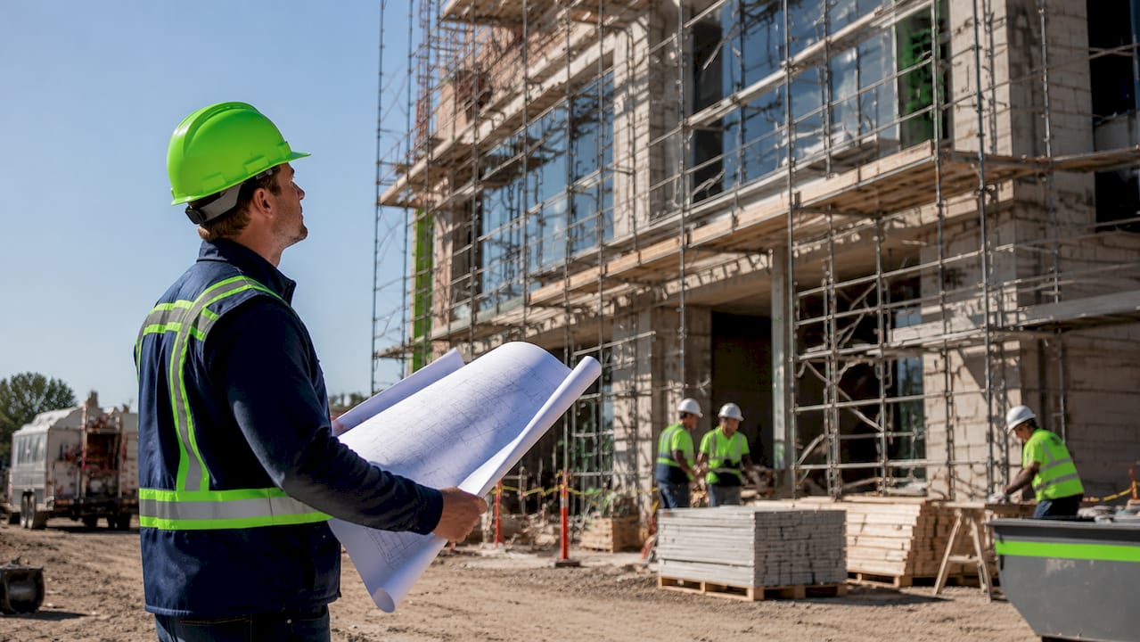 Construction site manager inspecting renovation progress