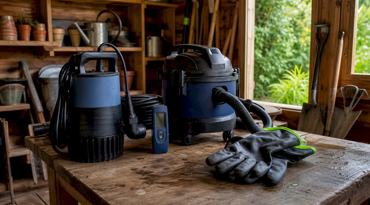 Flood response tools organized on garage workbench