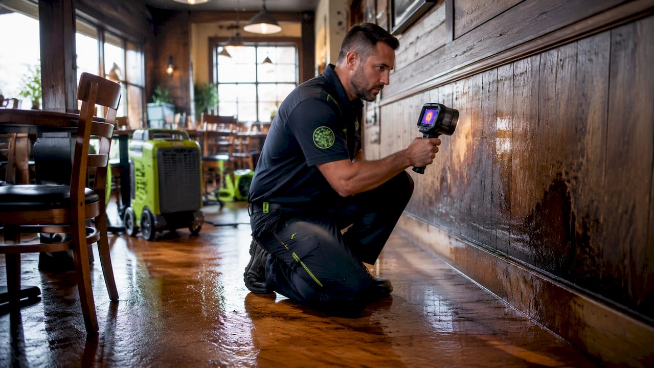Technician using thermal camera in damaged retail store