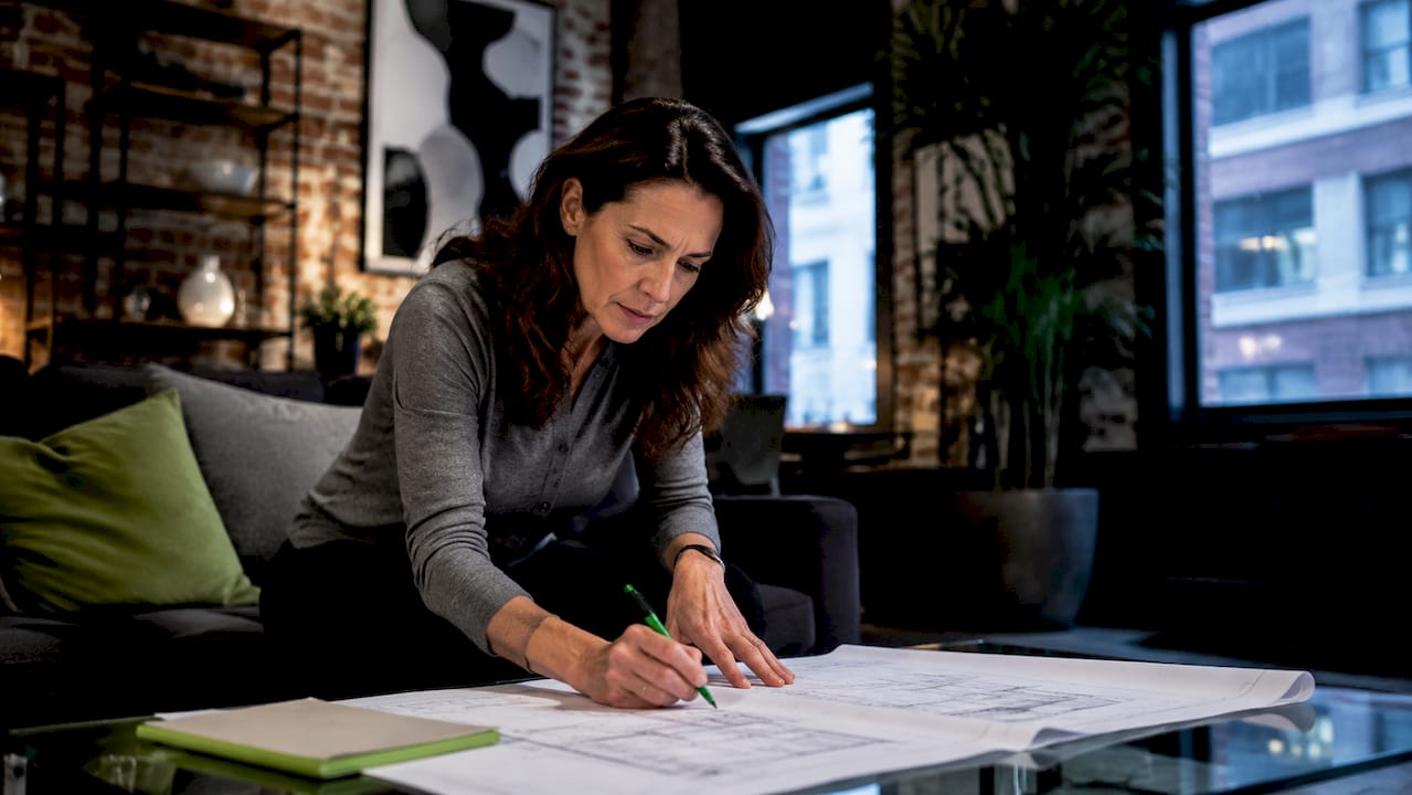 Homeowner reviewing renovation plans at kitchen table