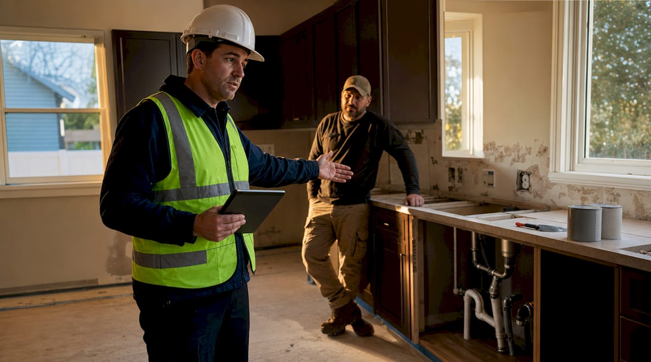 Supervisor and contractor discuss home renovation progress