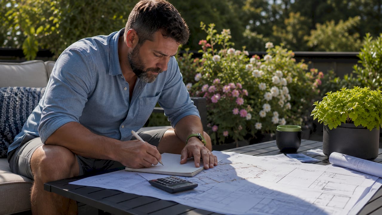 Man reviewing home addition blueprints at table