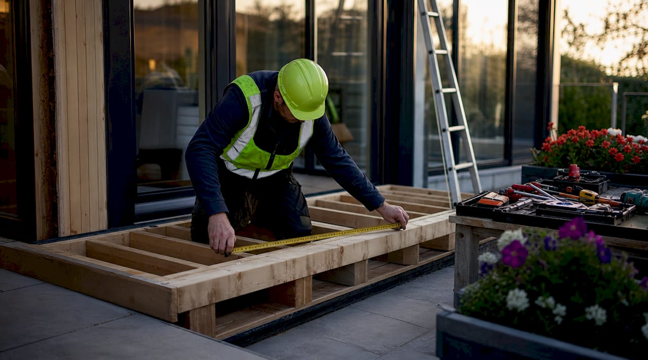 Construction worker measuring bump-out extension frame