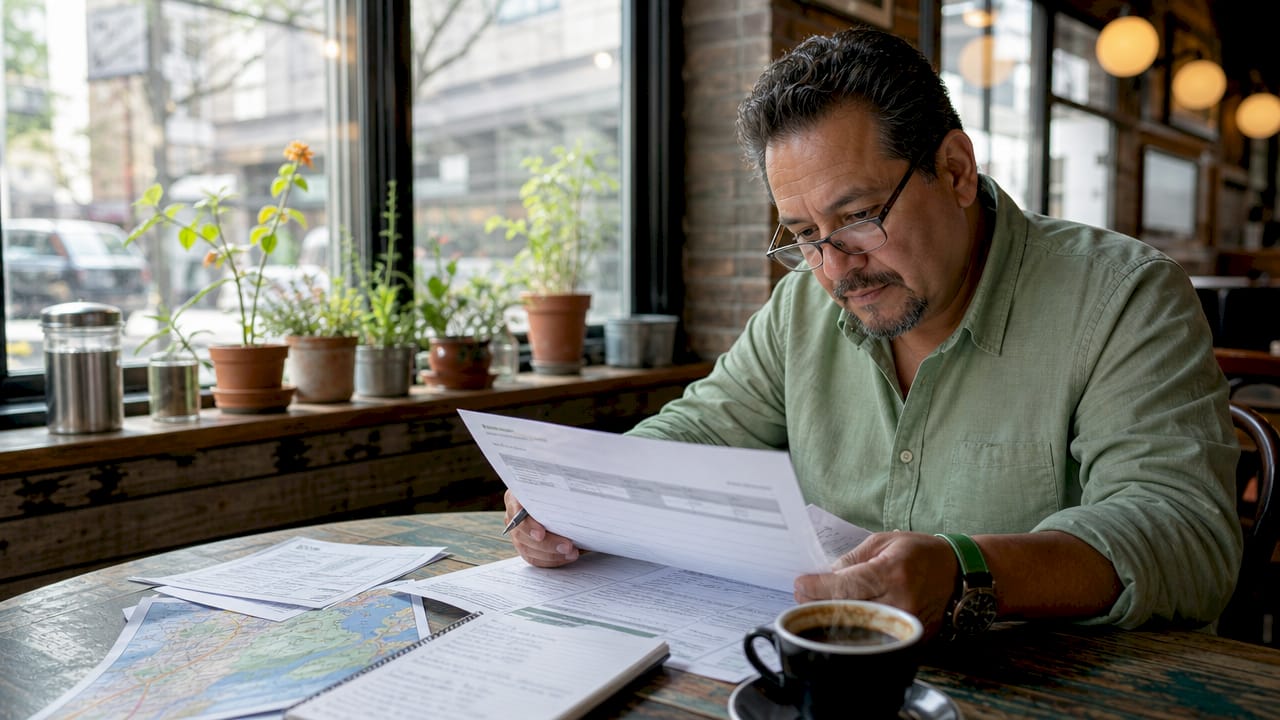 NYC homeowner reviewing compliance documents at kitchen table