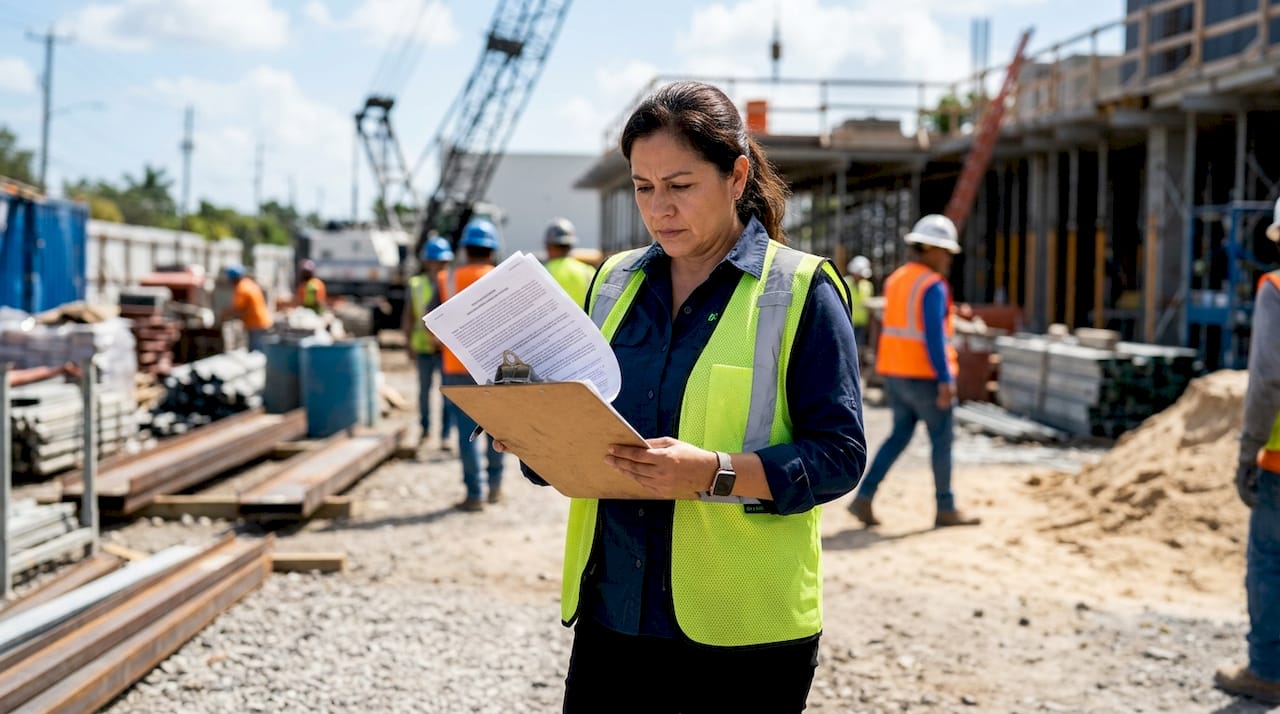 Contractor reviewing construction license documents