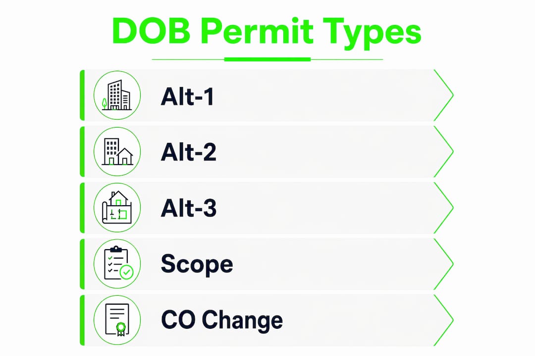 Infographic showing NYC DOB alteration permit types and details