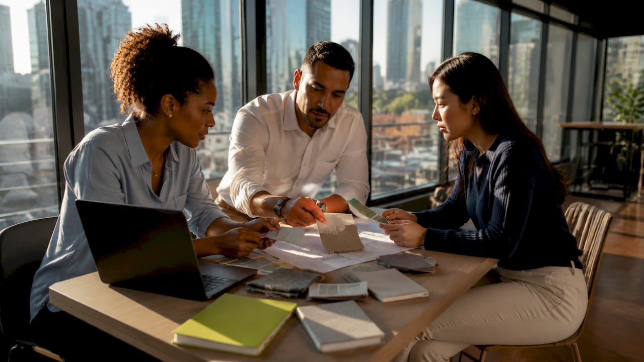 Diverse team discussing office design materials