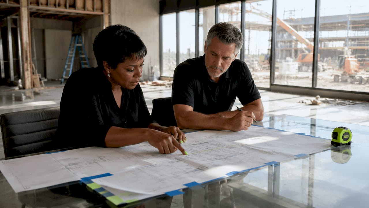 Homeowners reviewing construction blueprints