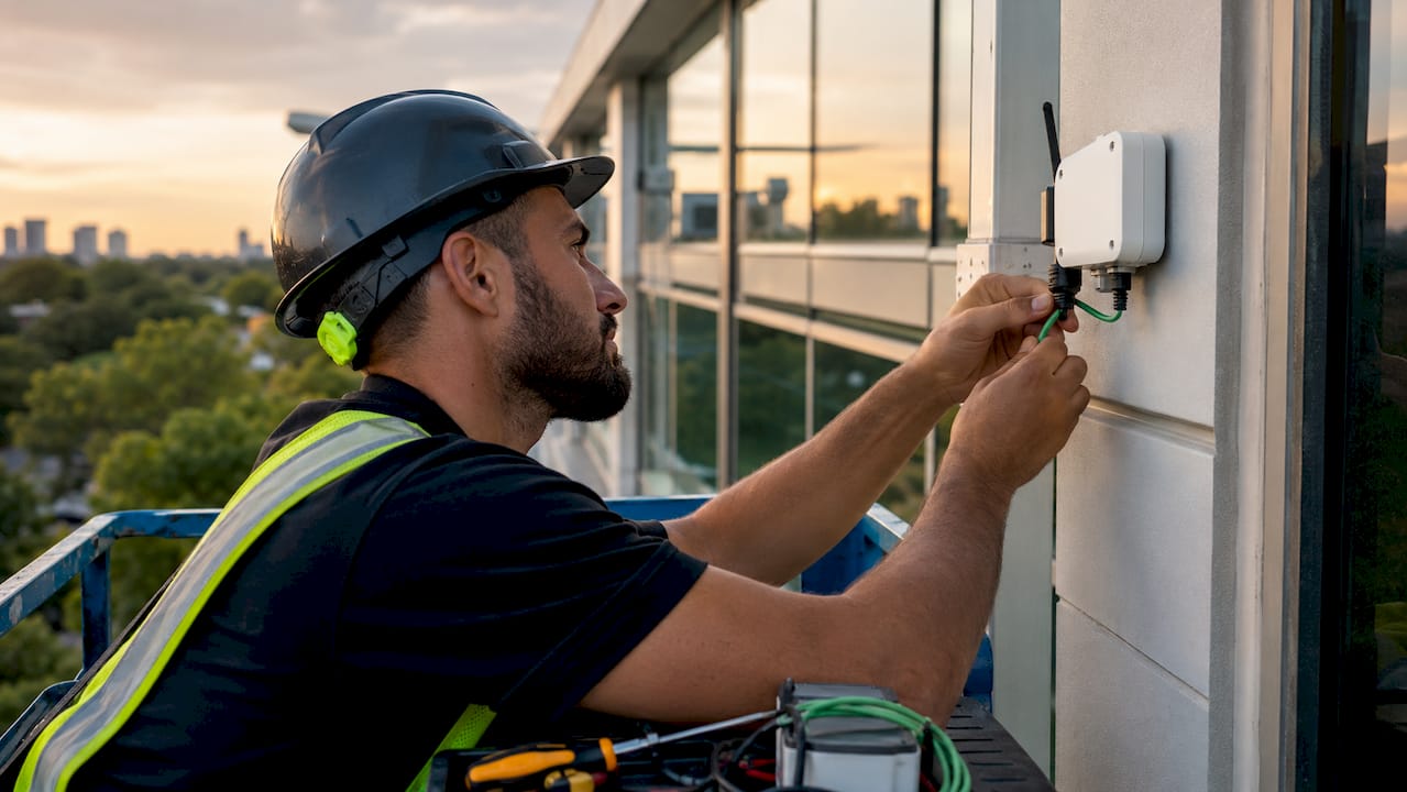 Technician installing building energy retrofit sensors