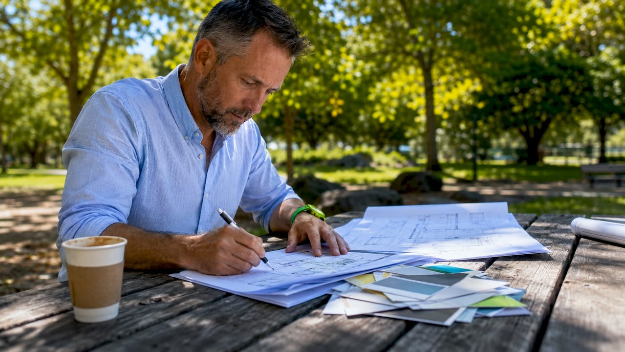 Facility manager reviewing renovation plans at table