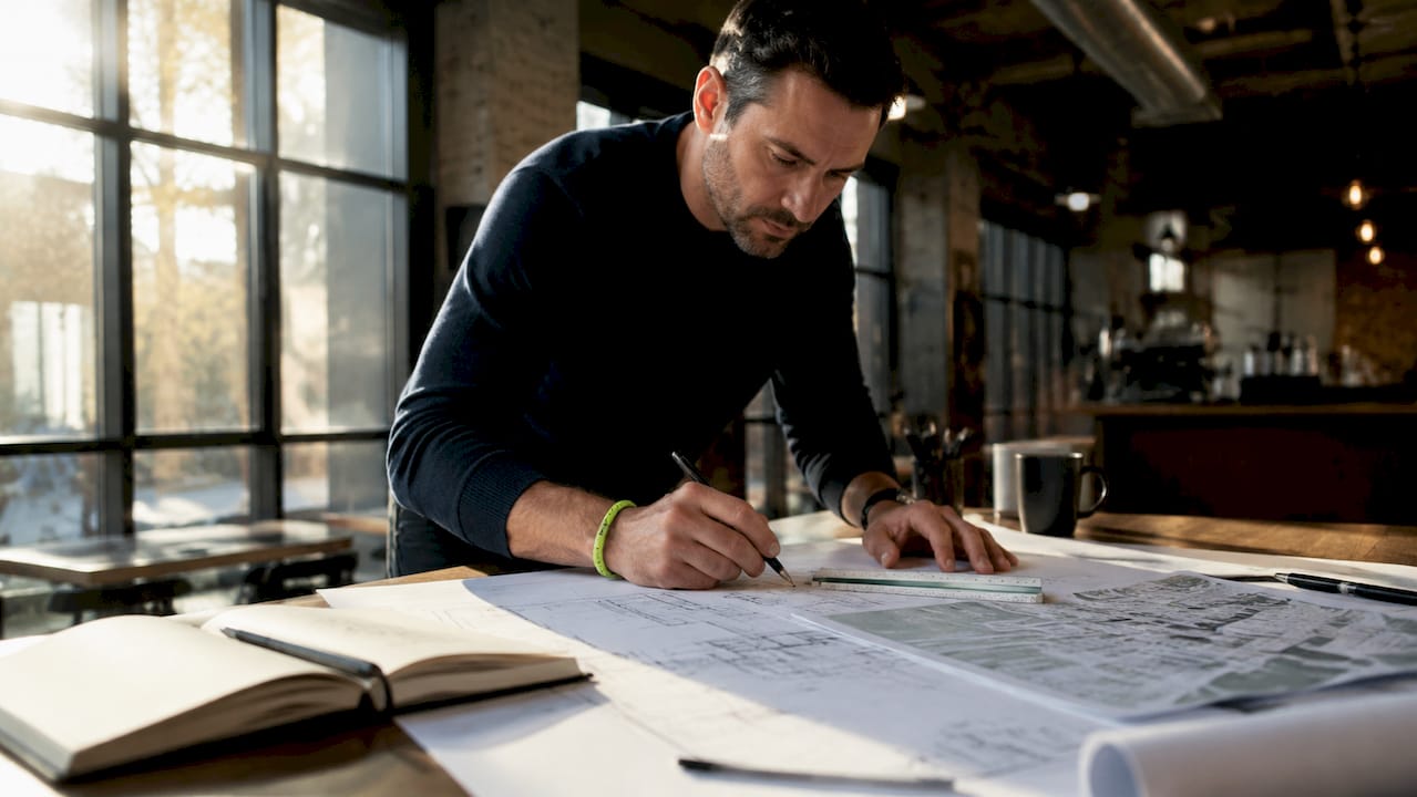 Architect reviewing building addition plans