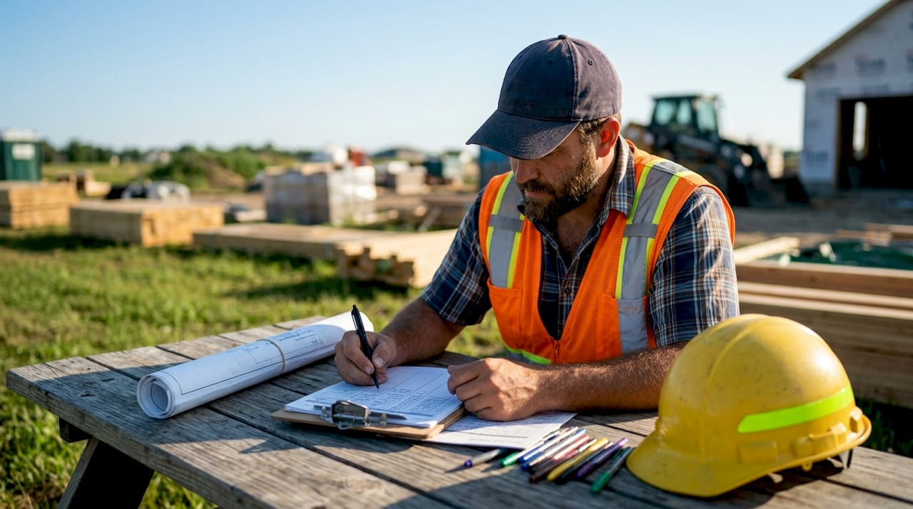 Hands marking public work bid documents outdoors