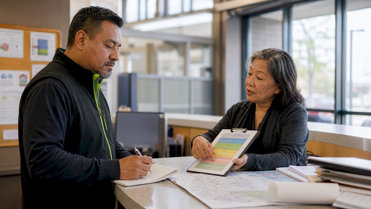 Contractor discussing permit with official