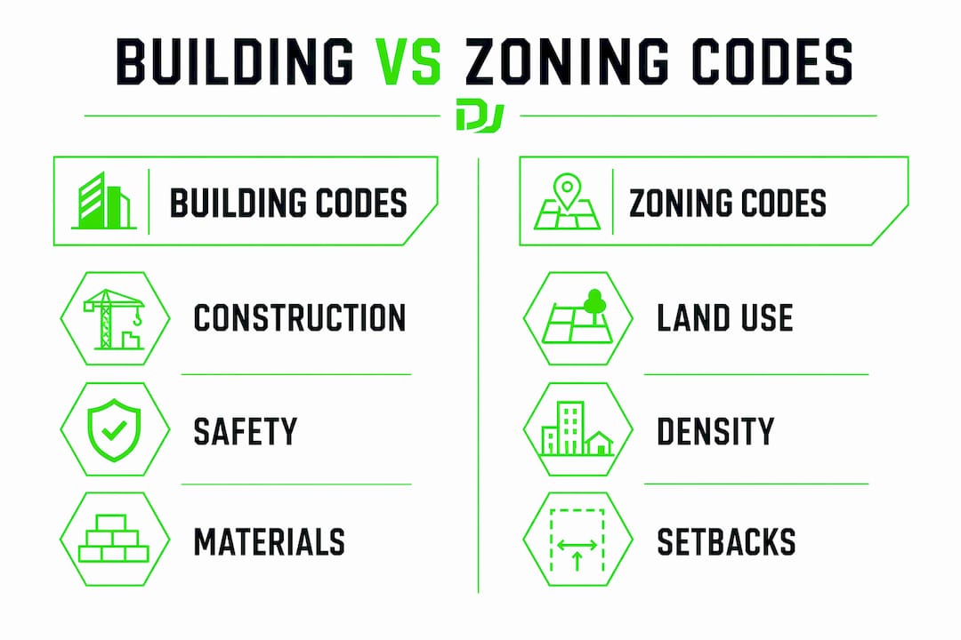 Infographic comparing building codes and zoning codes
