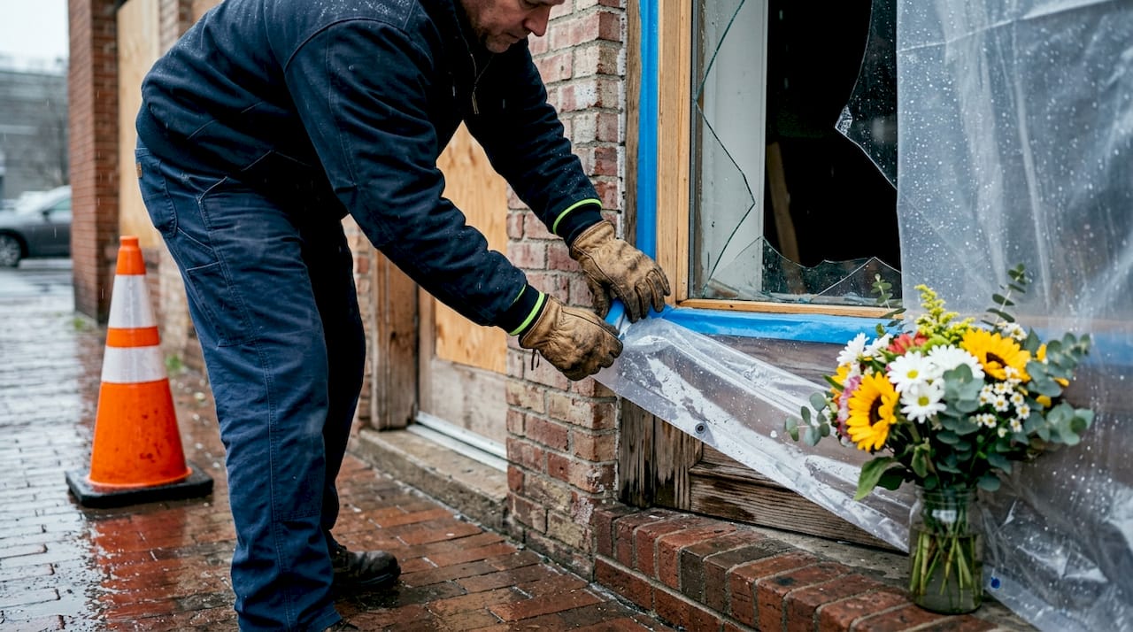 Hands covering damaged window with tarp outdoors