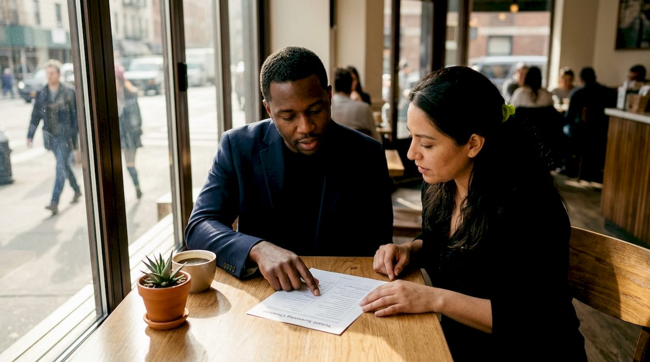 Two managers reviewing tenant screening checklist