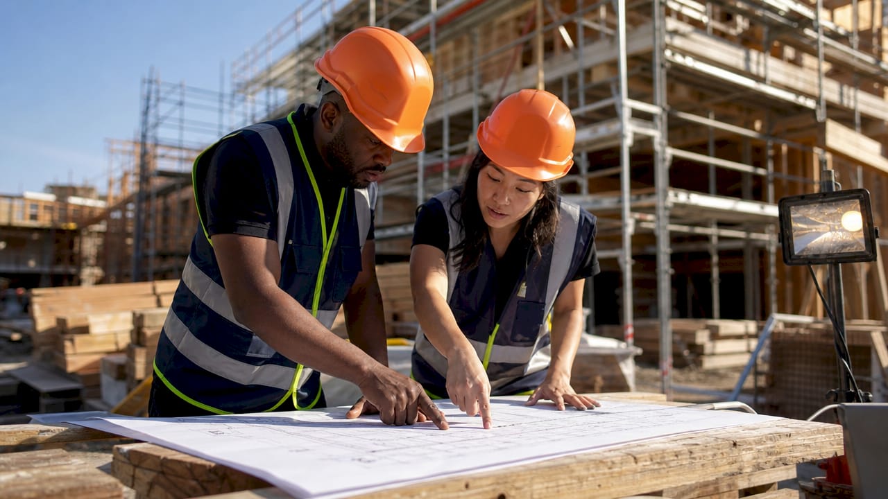 Contractors discussing blueprint on renovation site