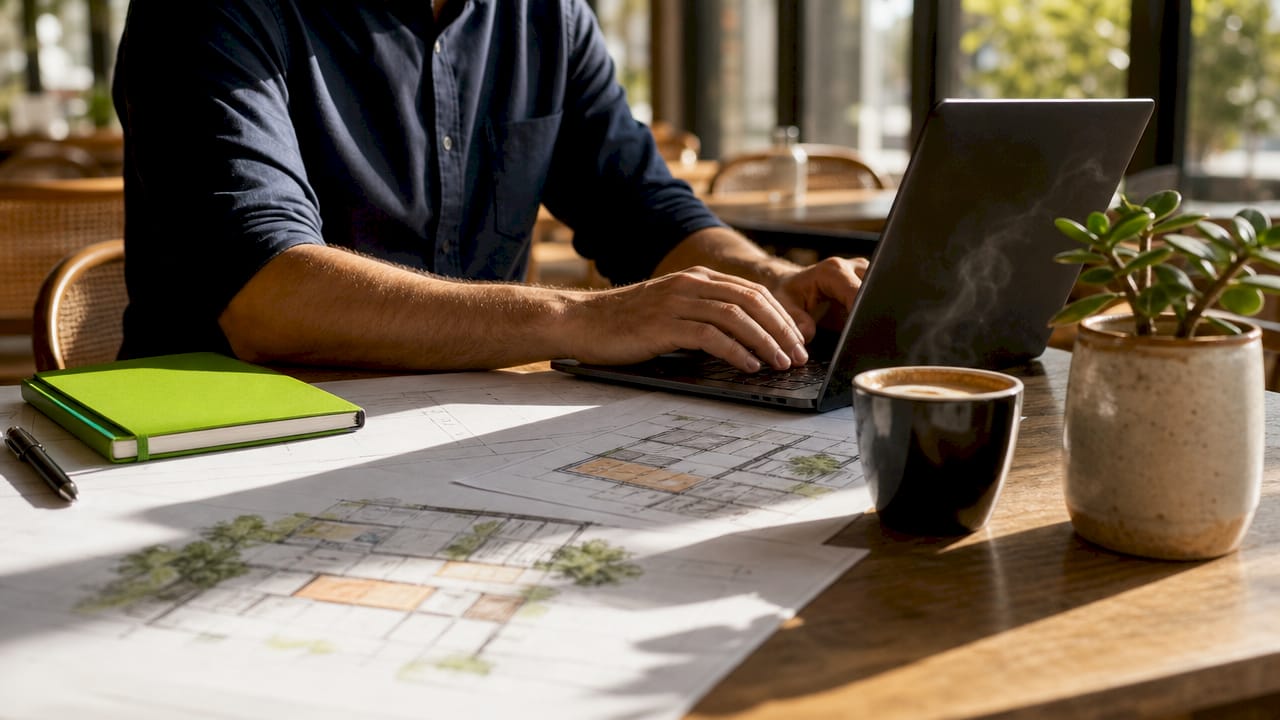 Hands typing on laptop with architectural plans