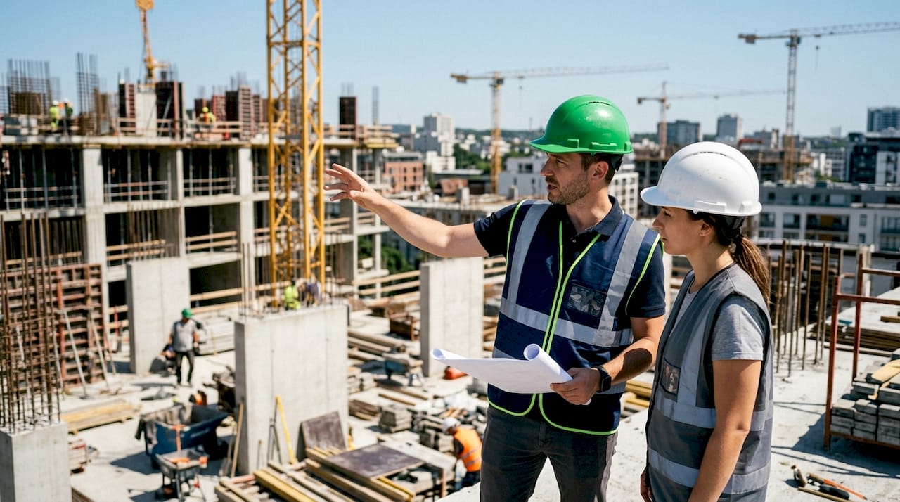 Construction manager and engineer discussing site plans