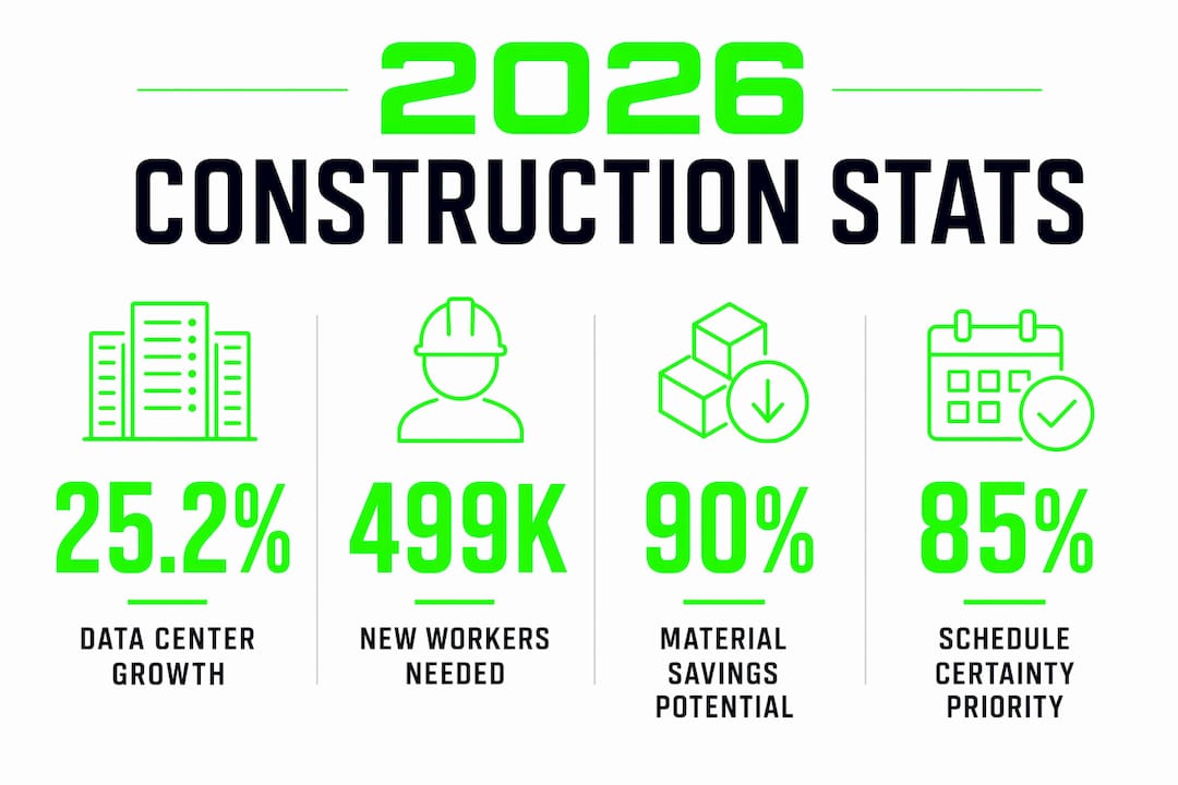 Infographic showing key 2026 construction statistics