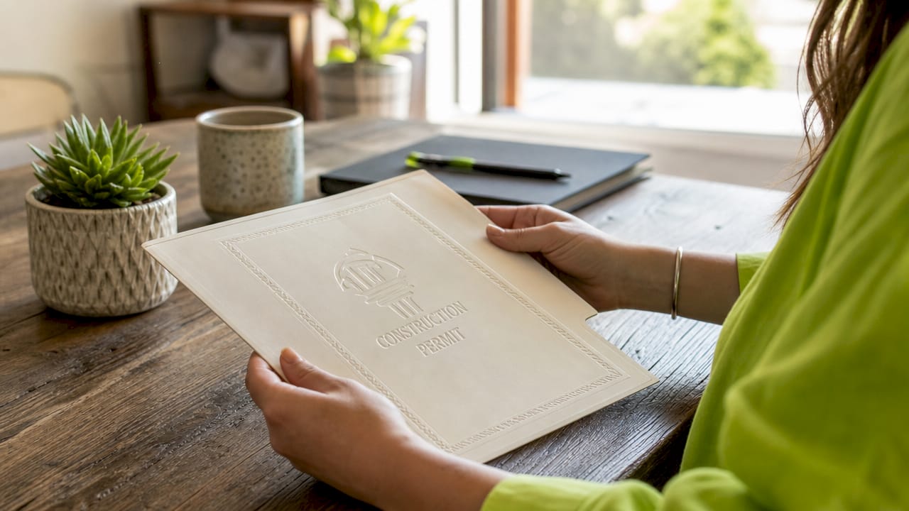 Close-up of hands holding official permit folder