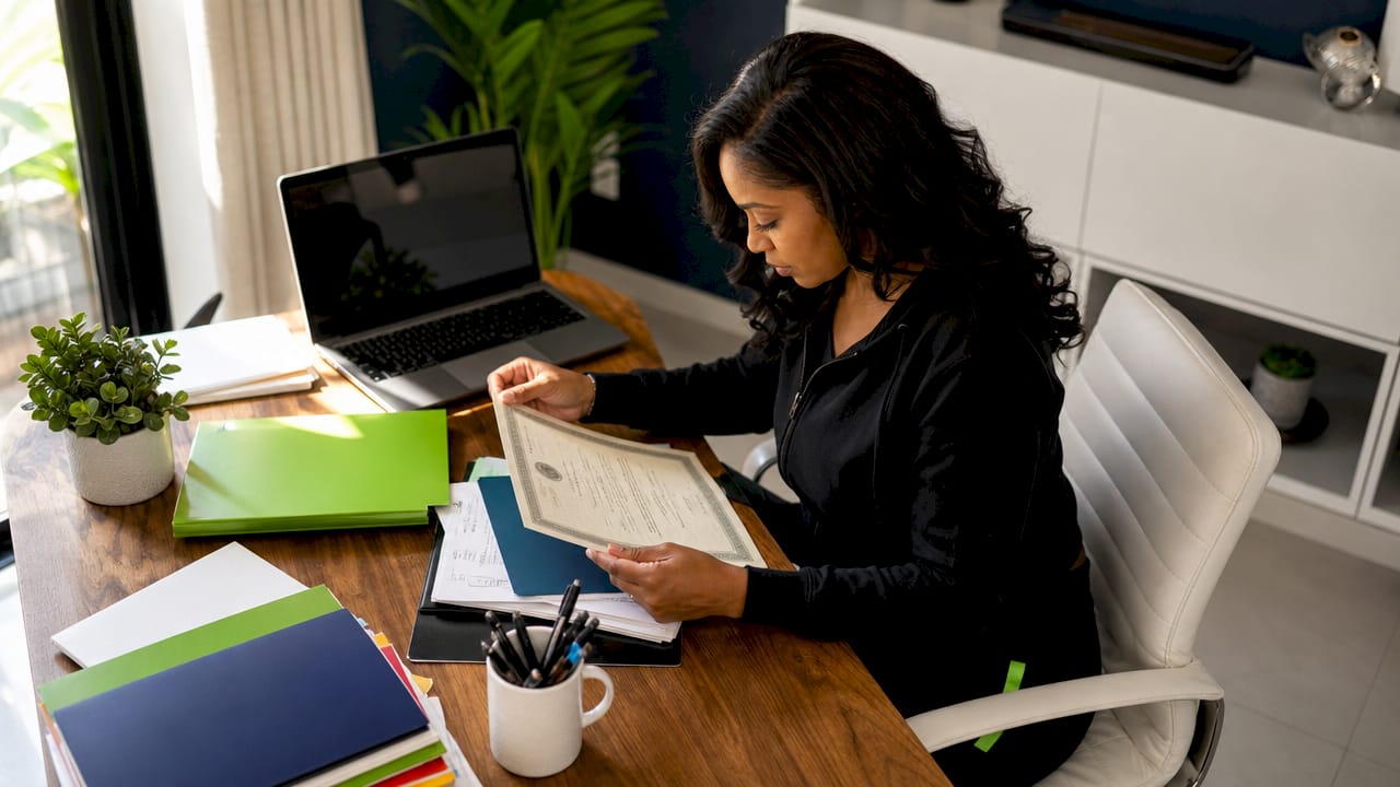 Female contractor reviewing insurance certificates