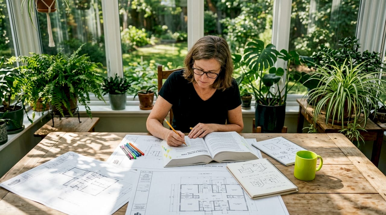 Architect reviewing building codes and blueprints