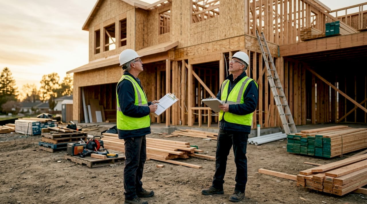 Building inspector examining residential construction site