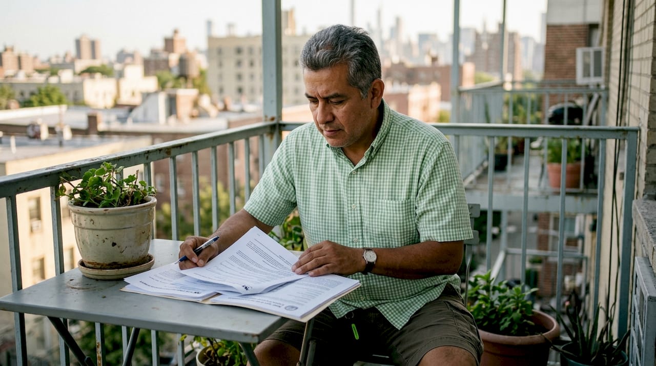 Man reviewing licensing documents at kitchen table