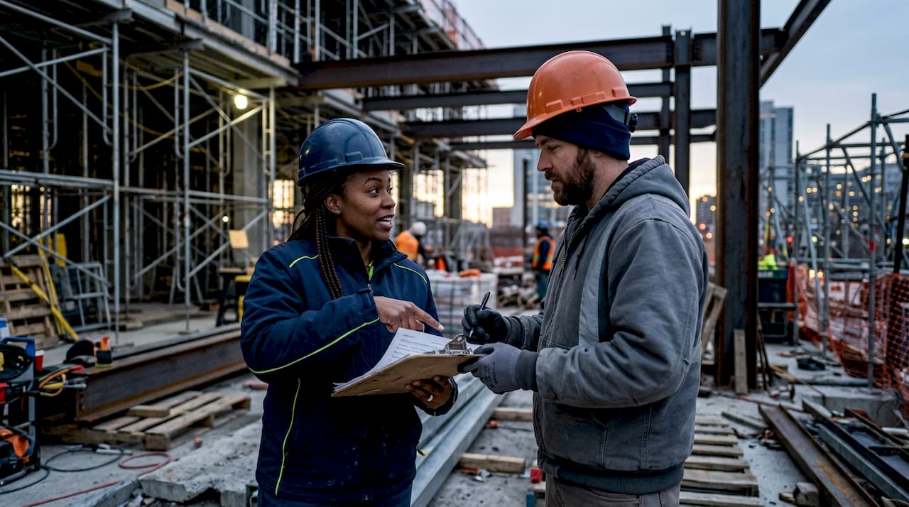 Two professionals discussing construction permits outdoors