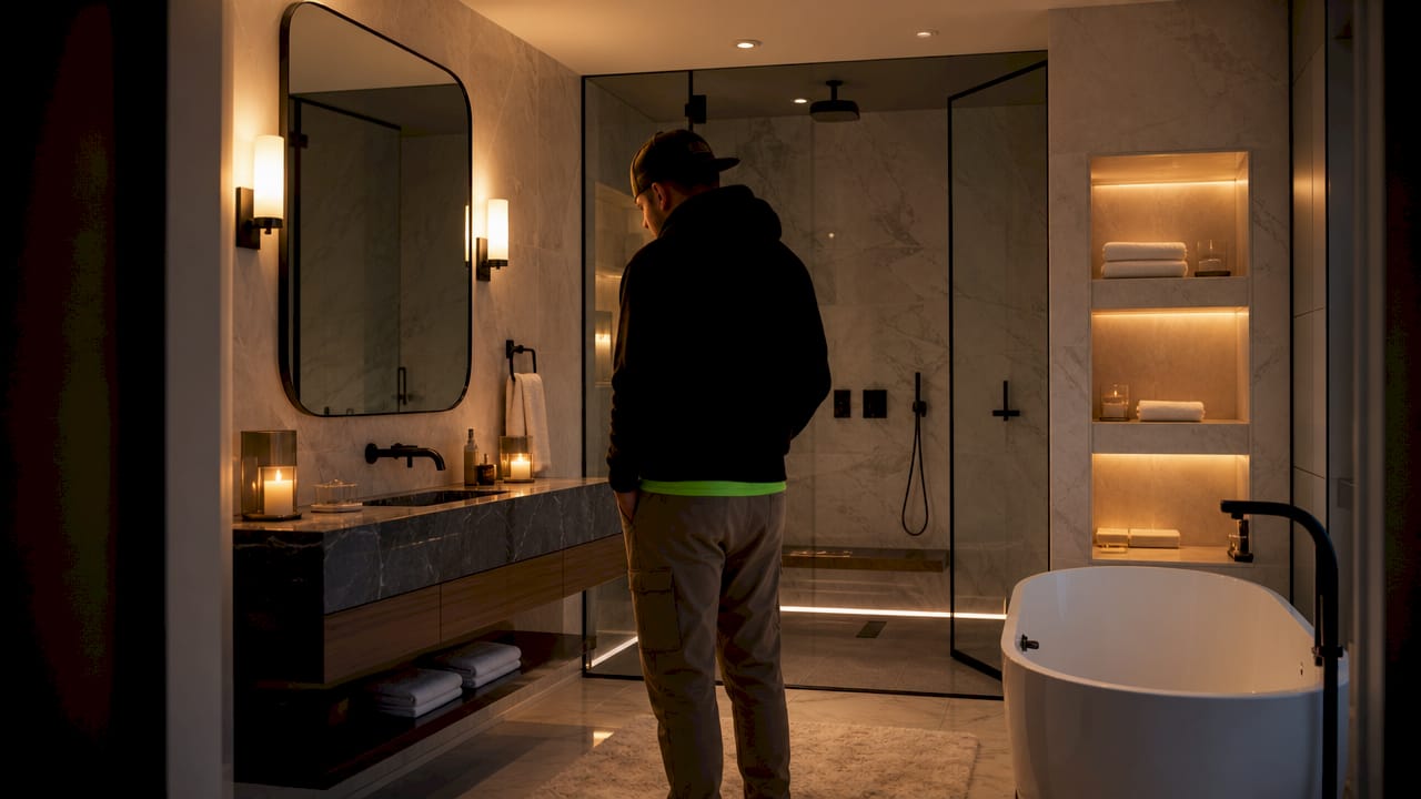 Layered lighting illuminating luxury bathroom interior