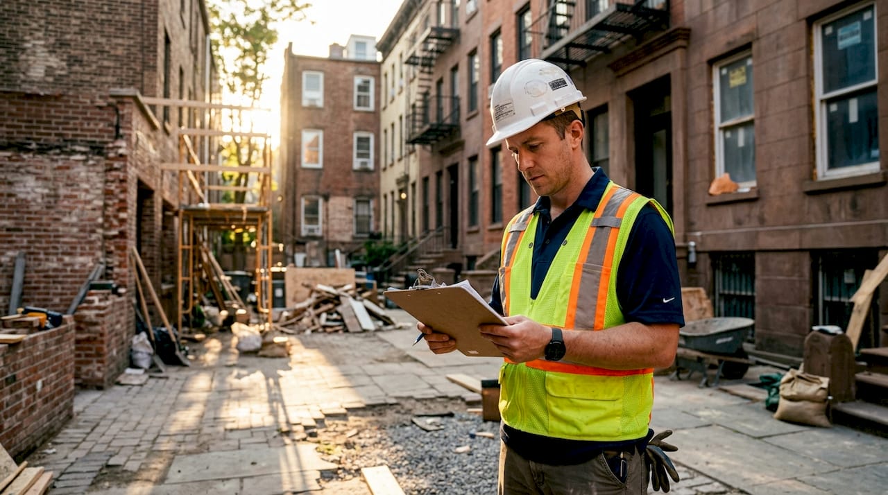 DOB inspector reviewing NYC renovation permit checklist