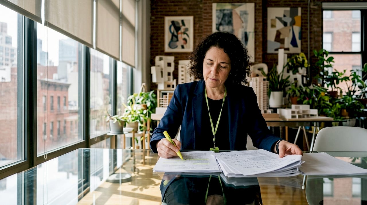 Architect reviewing NYC building codes at home table