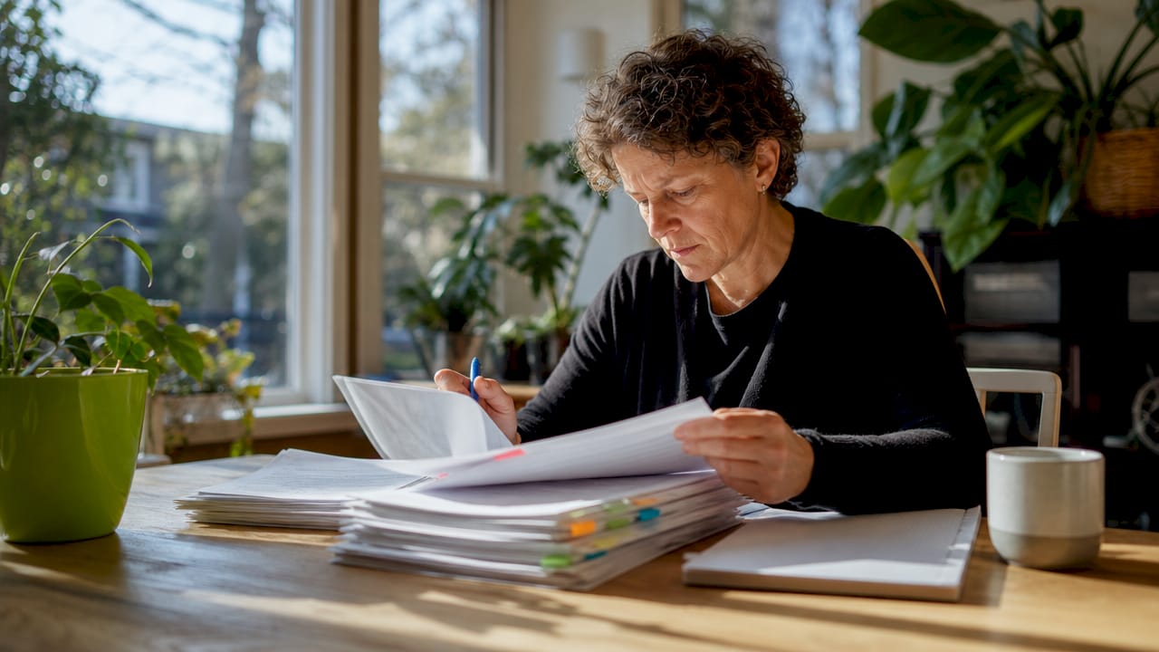 Woman reviewing insurance regulation documents at desk