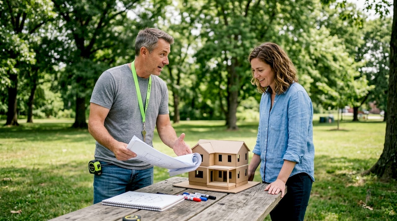 Contractor and homeowner discussing home addition framing