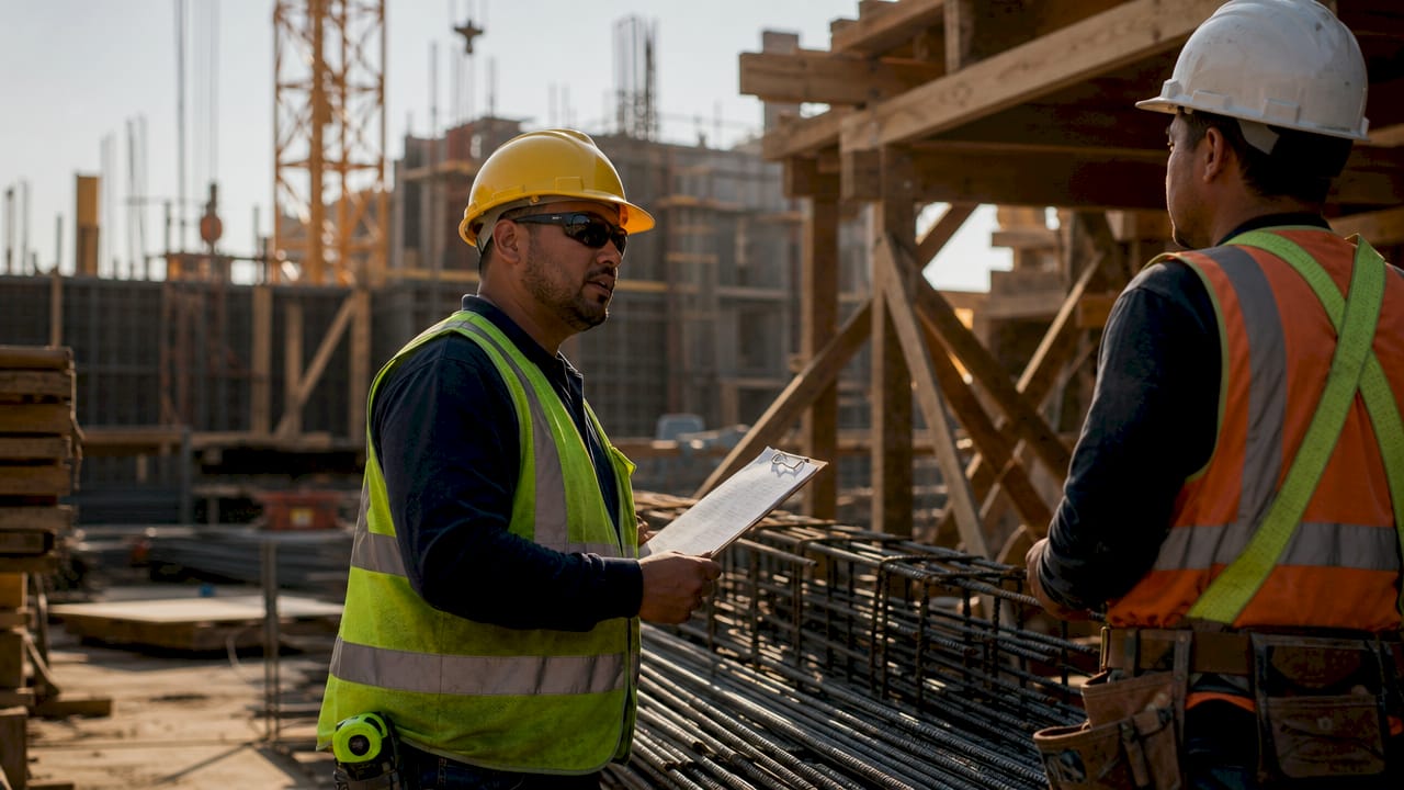 Construction manager inspecting steel framework
