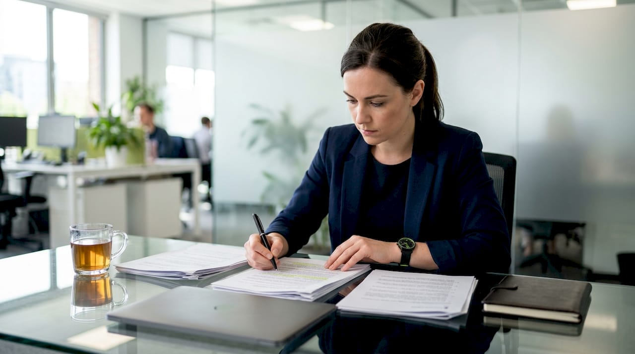 Compliance officer reviewing insurance regulations