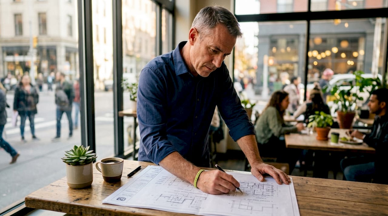 Architect reviewing commercial facade blueprints