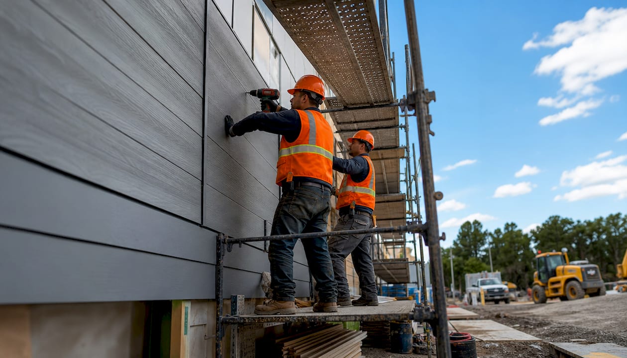 Construction workers installing fiber cement panels