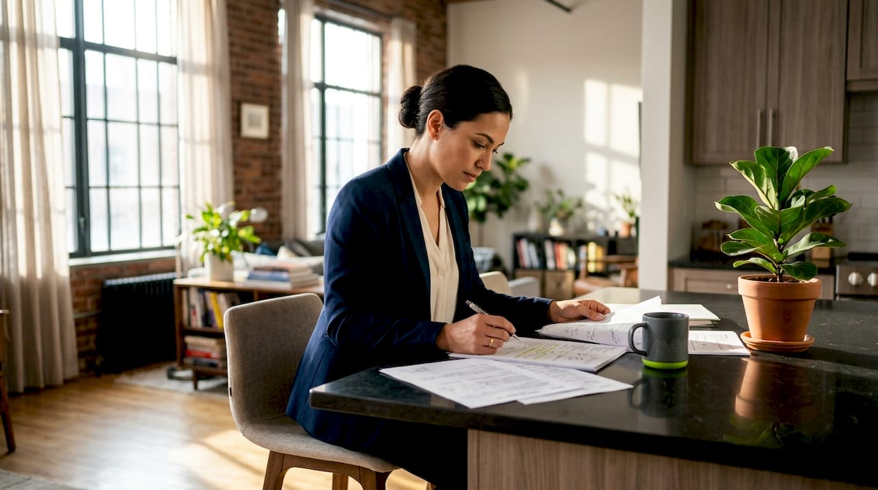 Woman reviewing alteration permit paperwork at home