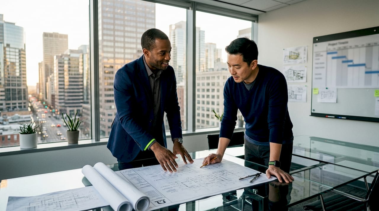 Architects discussing alteration permit blueprints