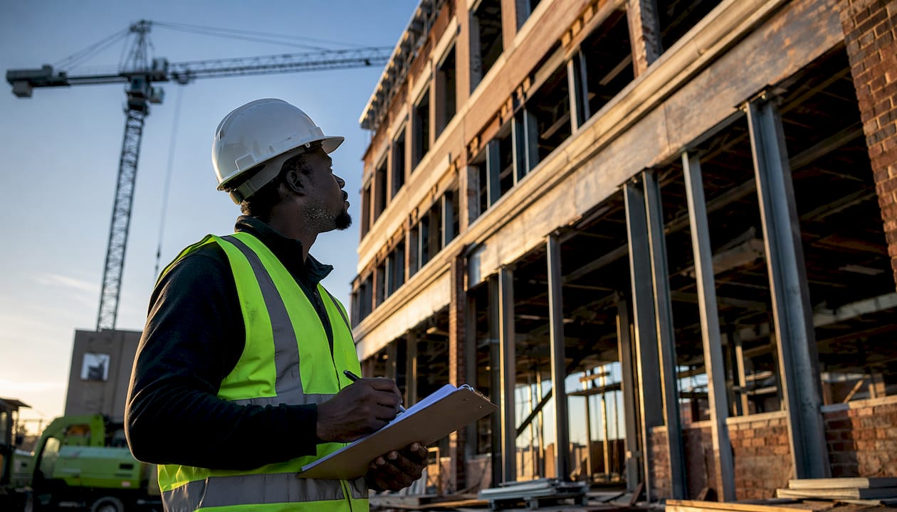Construction worker inspecting building alteration onsite