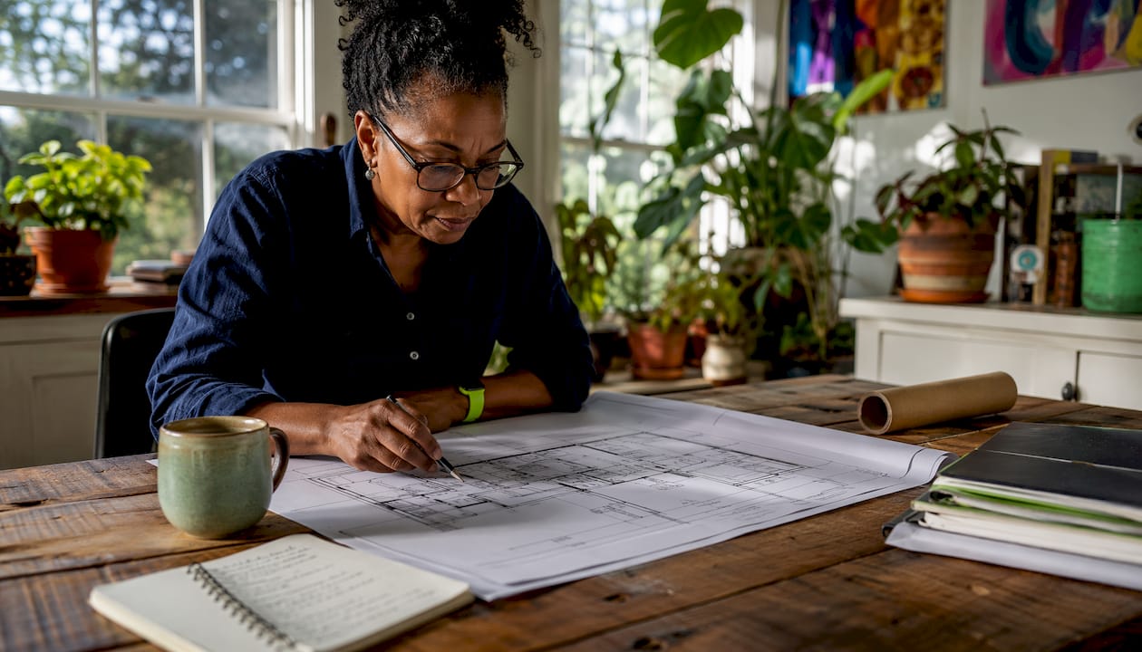 Woman reviewing home addition blueprints indoors